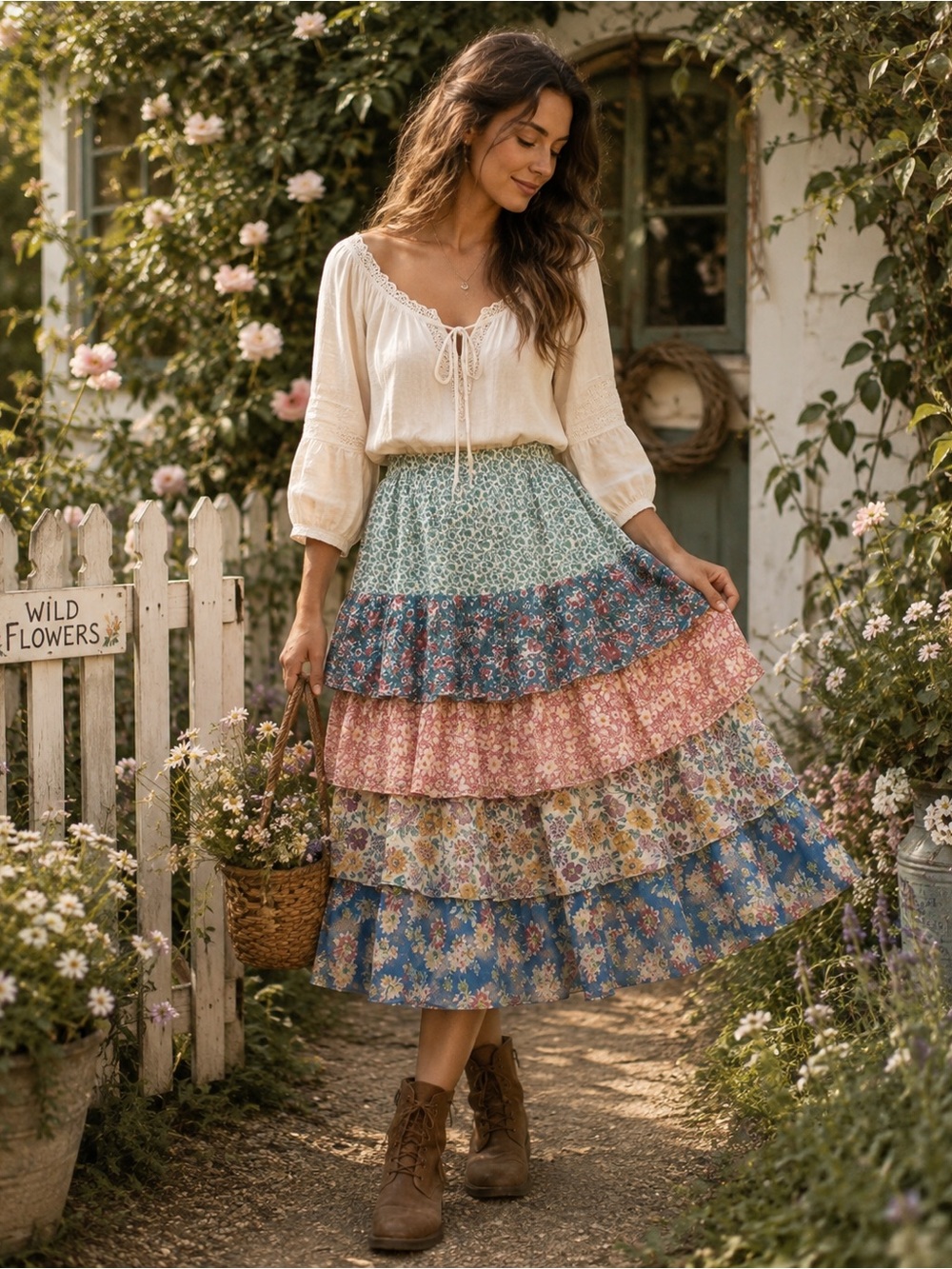 Sundance - tiered ruffle floral silk skirt